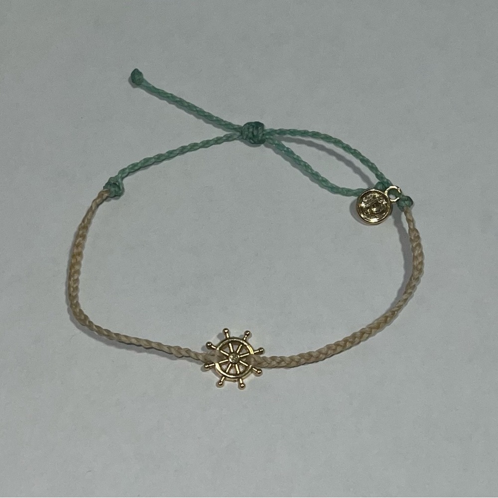 Pura Vida Bracelet Teal & White With Gold Ships Wheel Charm